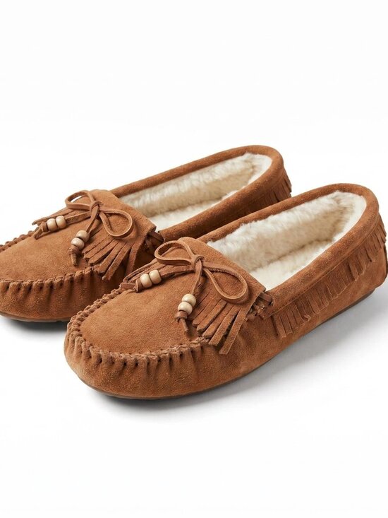 American Apparel Shoes - Women Genuine Suede Moccasin Slippers Size 6 Brown Faux Shearling Boho Cozy Home